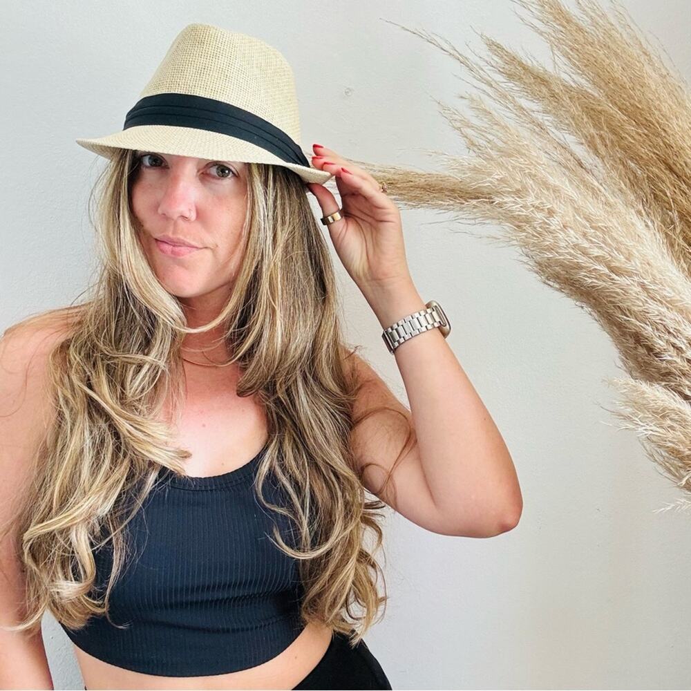 VINTAGE NORDSTROM Cream Tan Straw Wide Visor Brim Black Ribbon Fedora Sun Hat - Picture 5 of 8